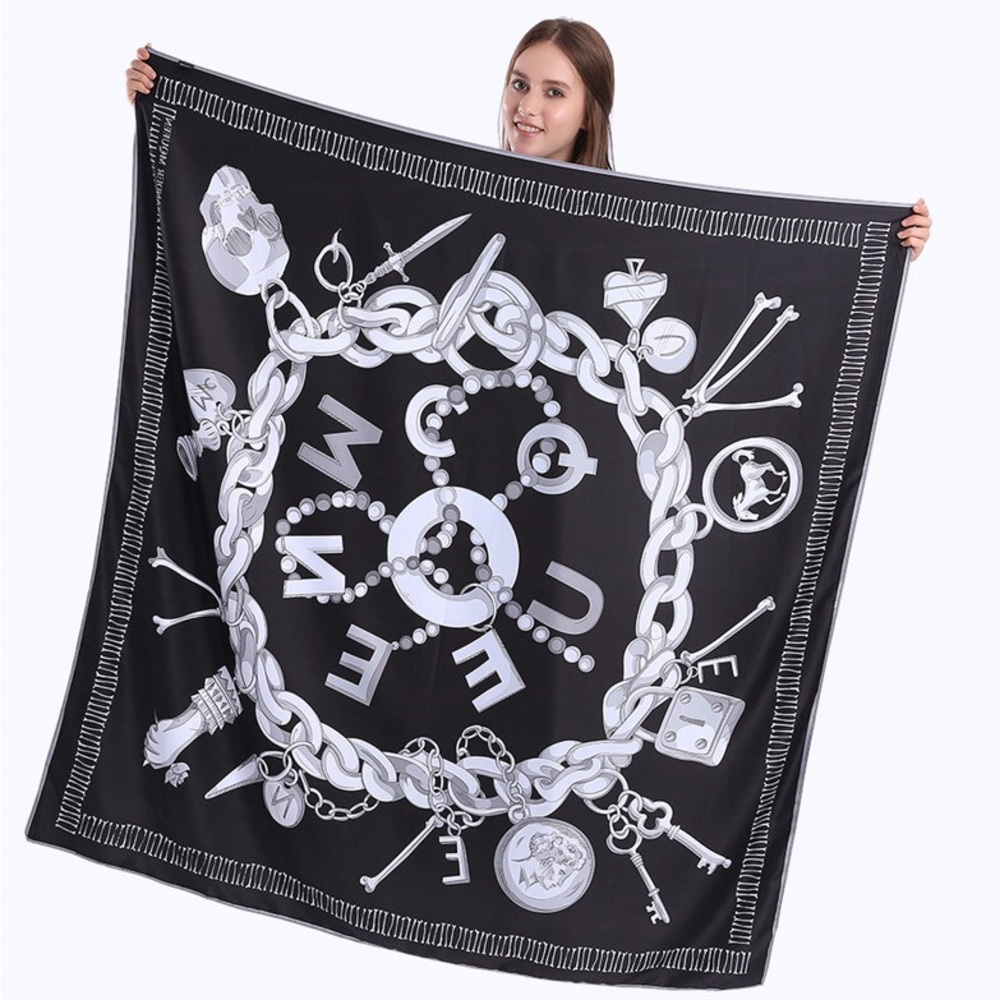 Skull Bones silk scarf black grey and white Hermes style fake Alexander McQueen